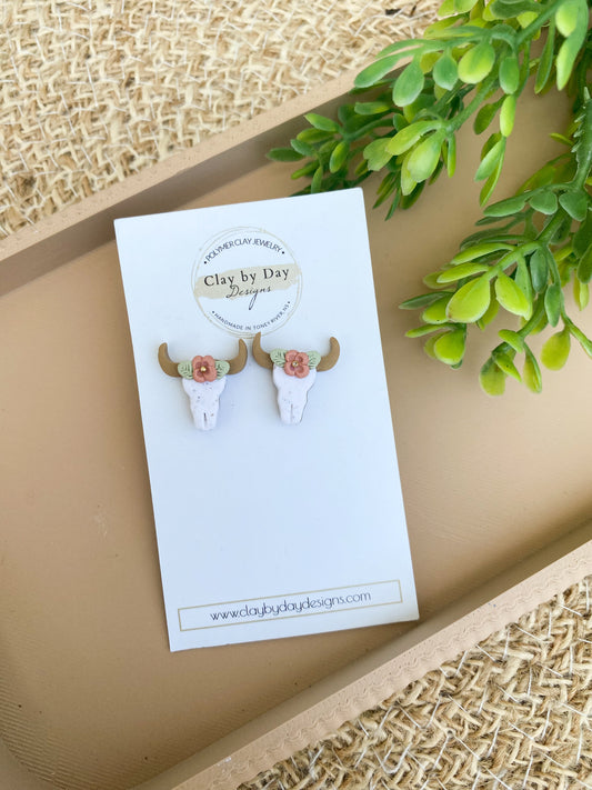 Floral Cattle Skull Stud