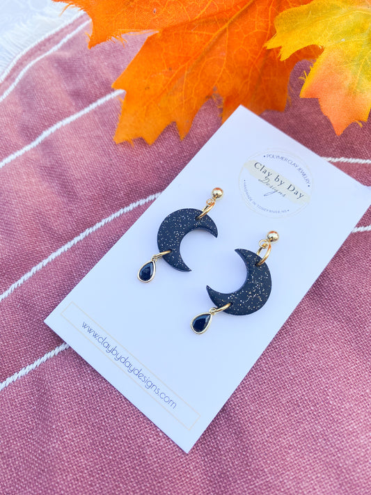 Black Glitter Moon Dangle w/stone charm