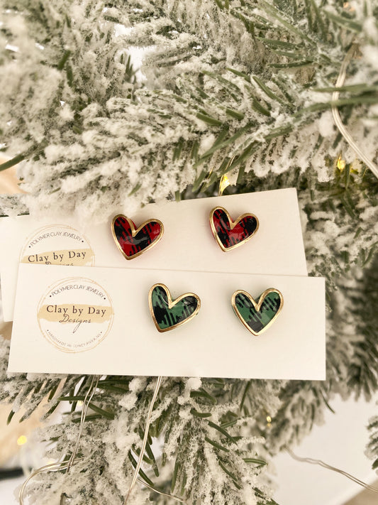 Buffalo Plaid Heart Studs