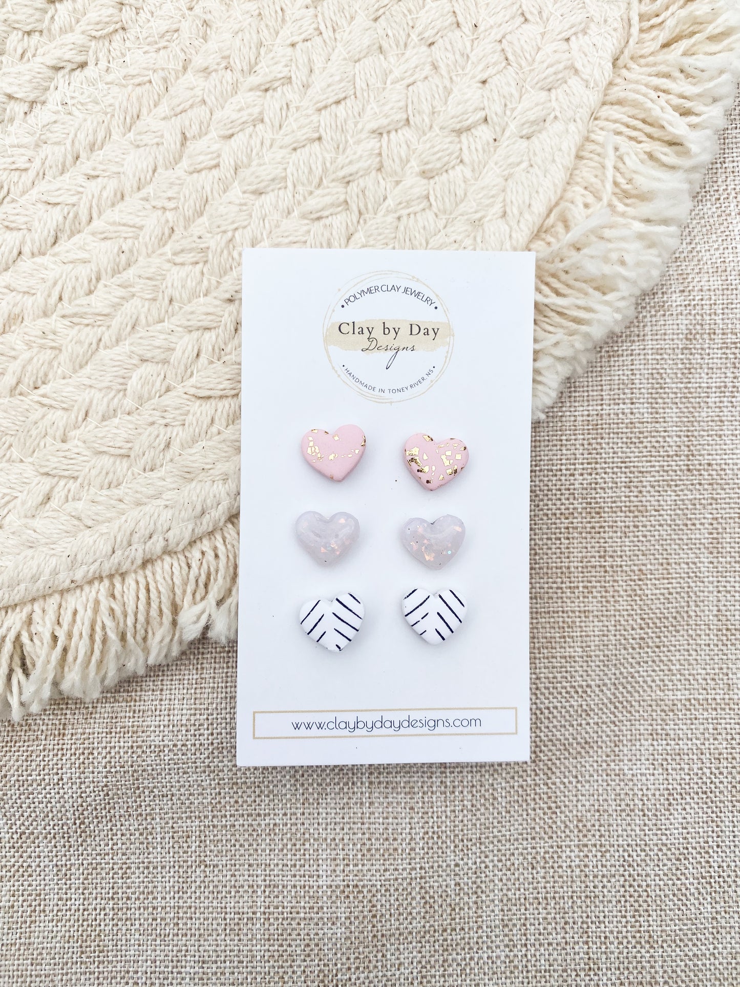 Pink Heart Stud Trio - polymer clay earrings