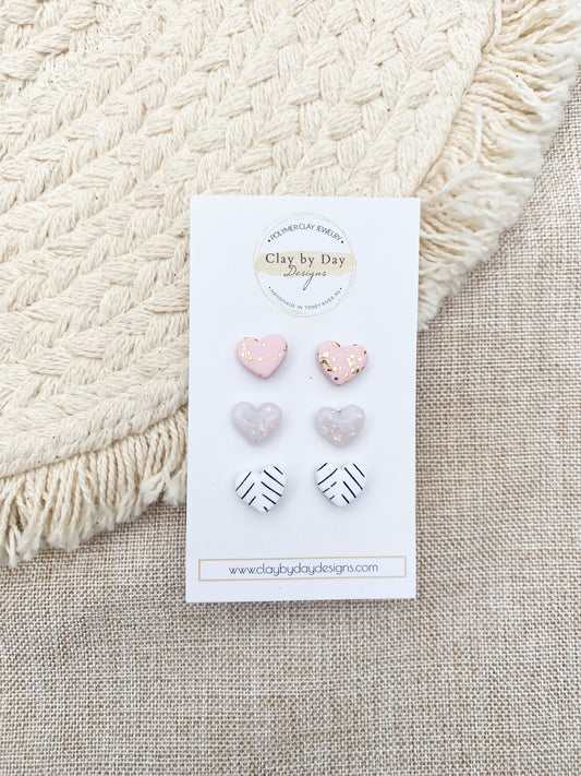 Pink Heart Stud Trio - polymer clay earrings