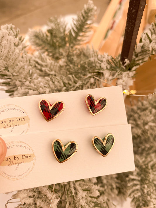 Buffalo Plaid Heart Studs