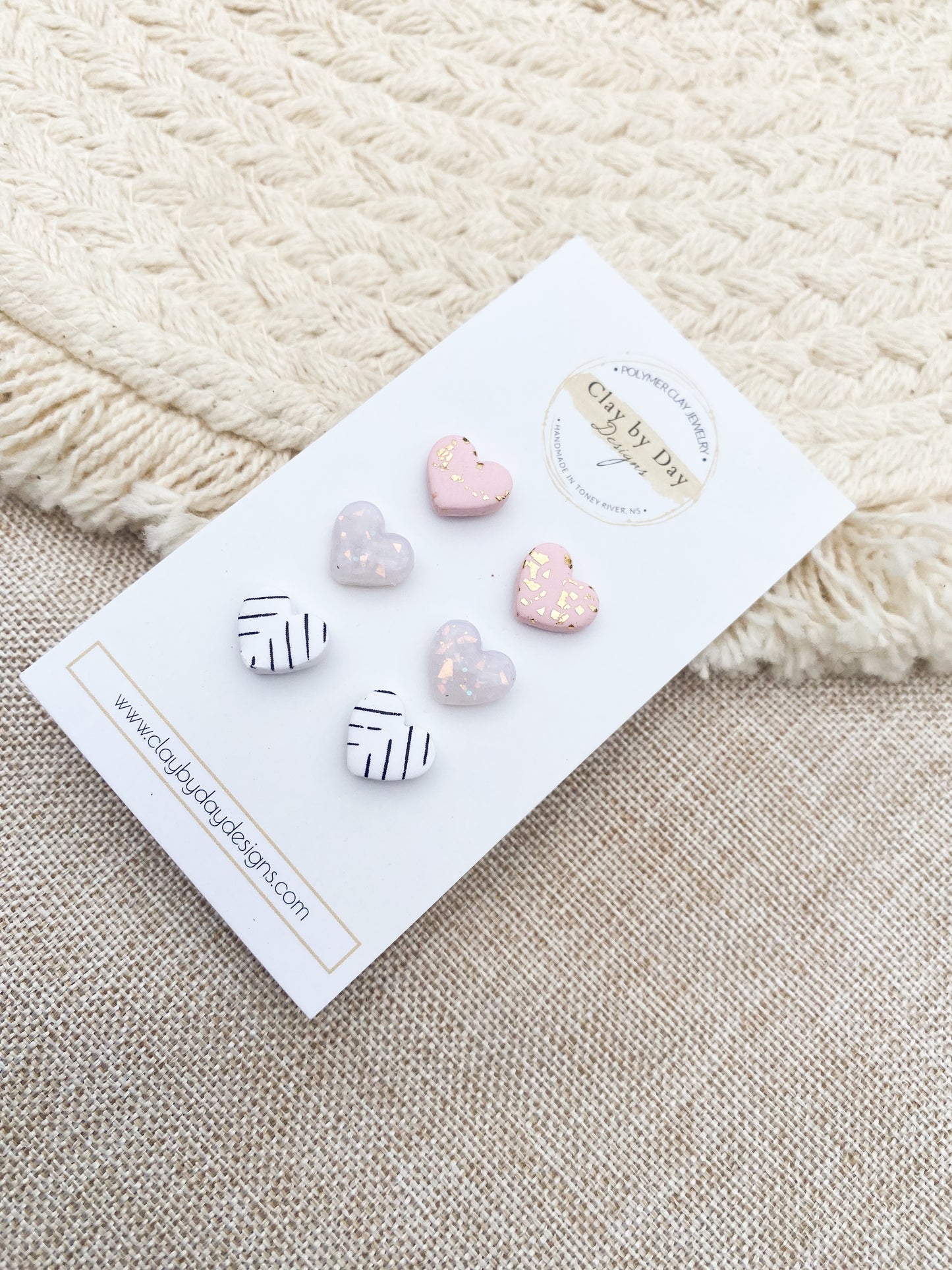 Pink Heart Stud Trio - polymer clay earrings